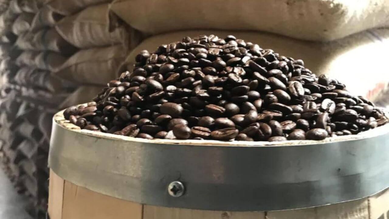 Barrel of dark roast coffee