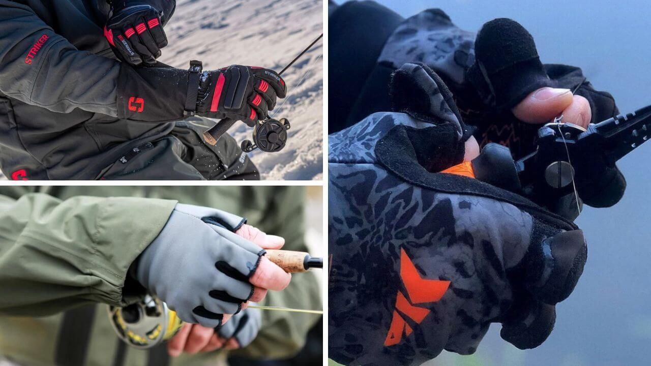 Three different styles of ice fishing gloves