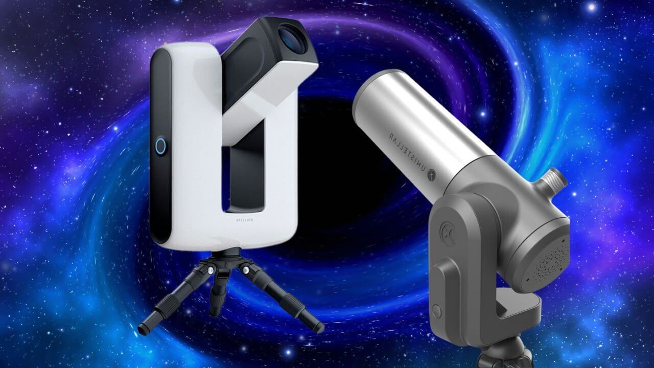 Scellina smart telescope and an eVscope smart telescope with deep-space in background