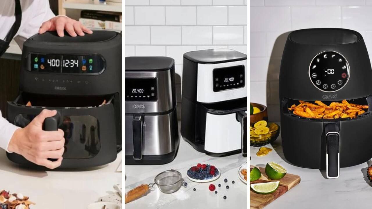 Pictures of 3 different Crux air fryer models