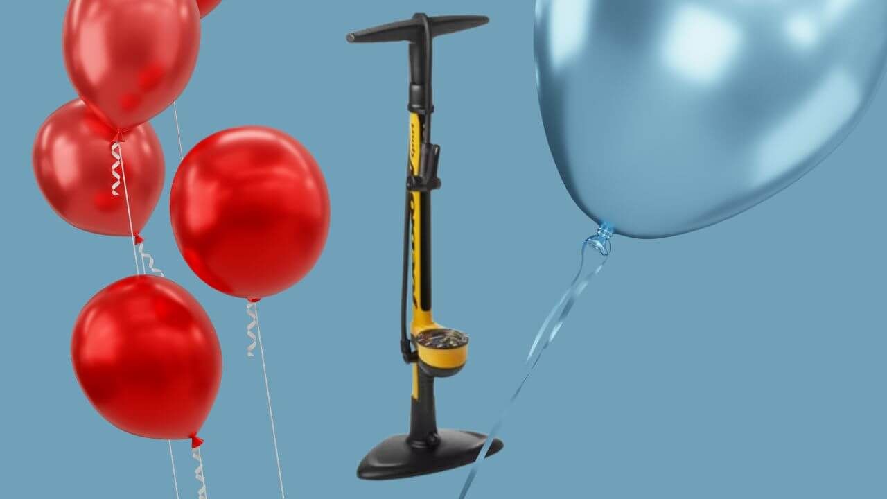Balloons inflated by a yellow floor bike pump