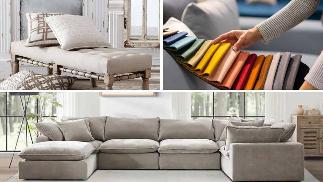 Linen-upholstered day bed and a sectional sofa and an image of colored linen swatches 