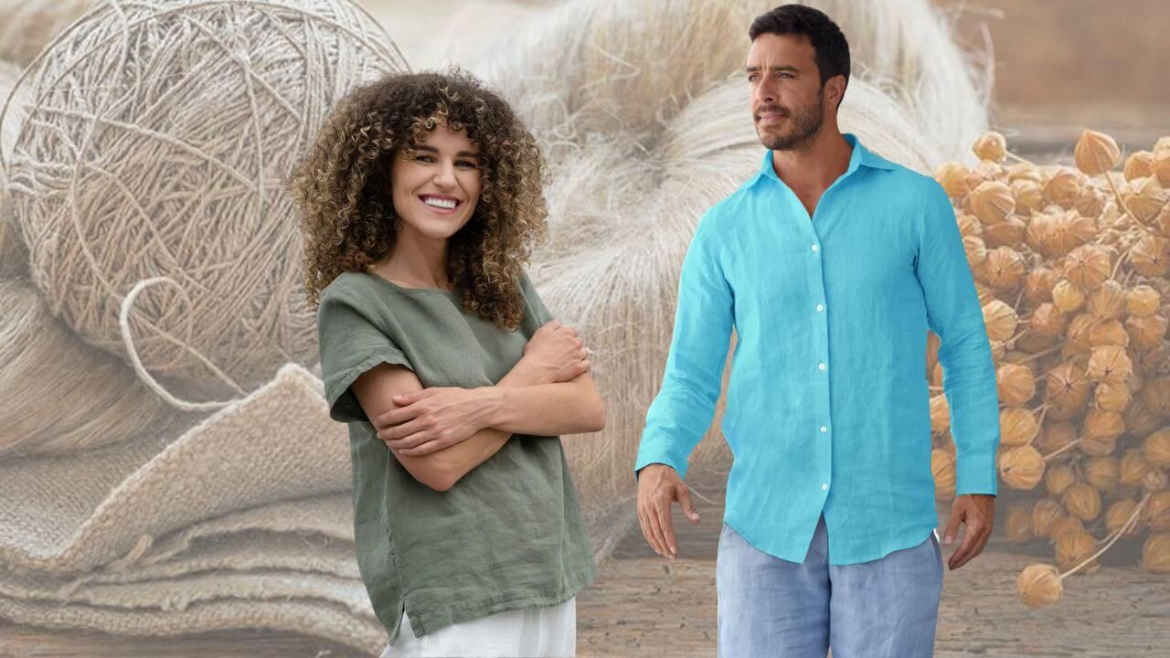 Woman and a man wearing linen clothing with linen materials in the background