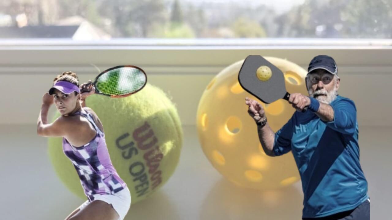 Woman tennis player and a man pickleball player with a tennis ball and pickleball in the background