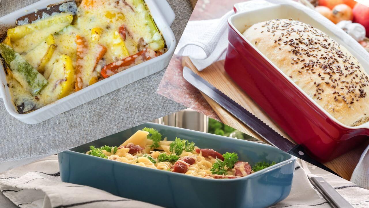 Different ceramic baking dishes with different food presentations