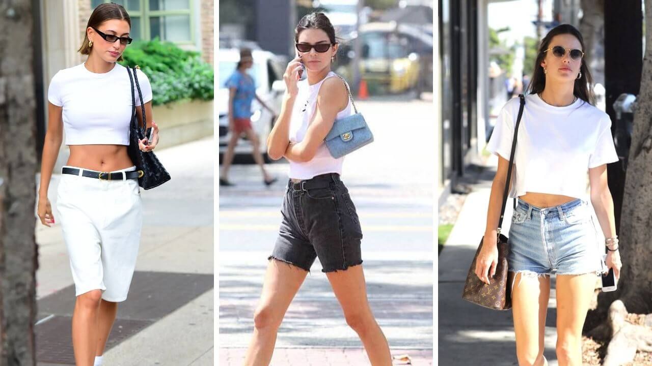 Women wearing three different styles of women's jorts