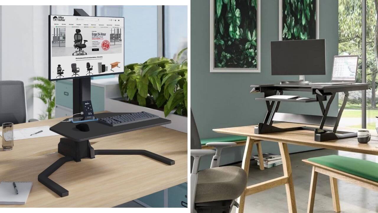 Two styles of sit-stand desk converters