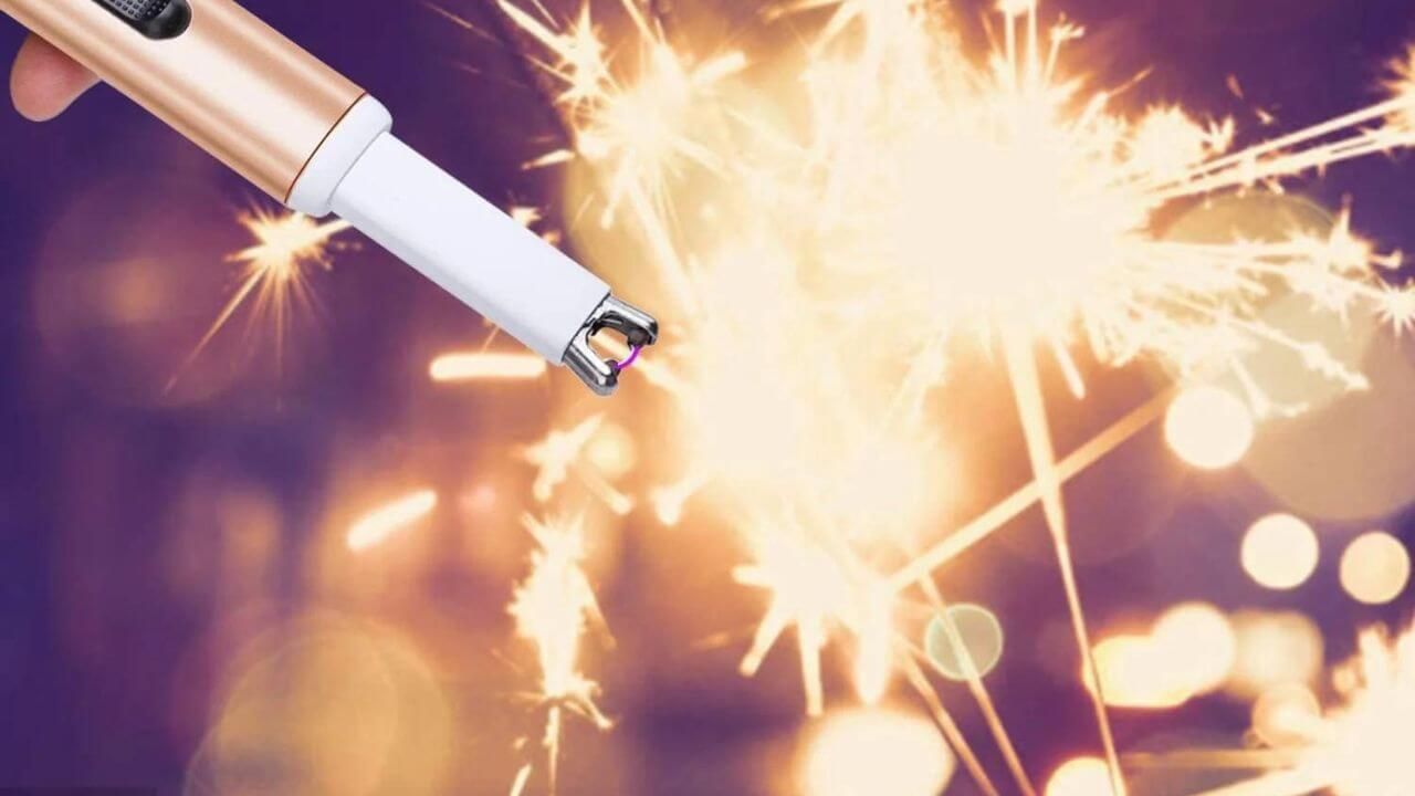 Flameless lighter igniting sparklers and candles