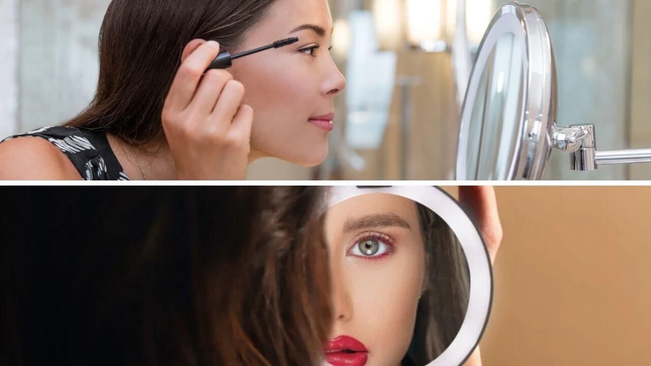 Women using lighted makeup mirrors to apply their makeup
