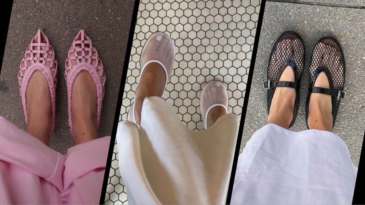 White, pink, and black mesh ballet flats