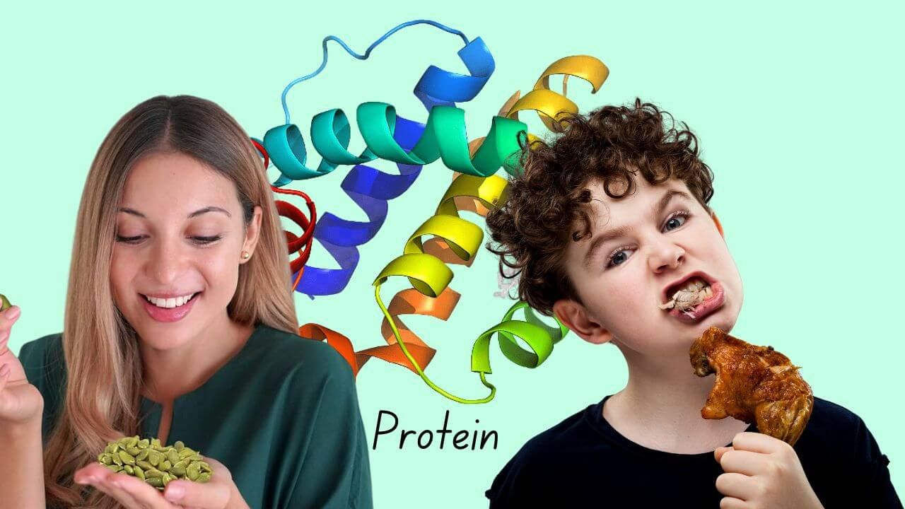 Young woman eating pumpkin seeds and a young boy eating chicken in front of protein structure