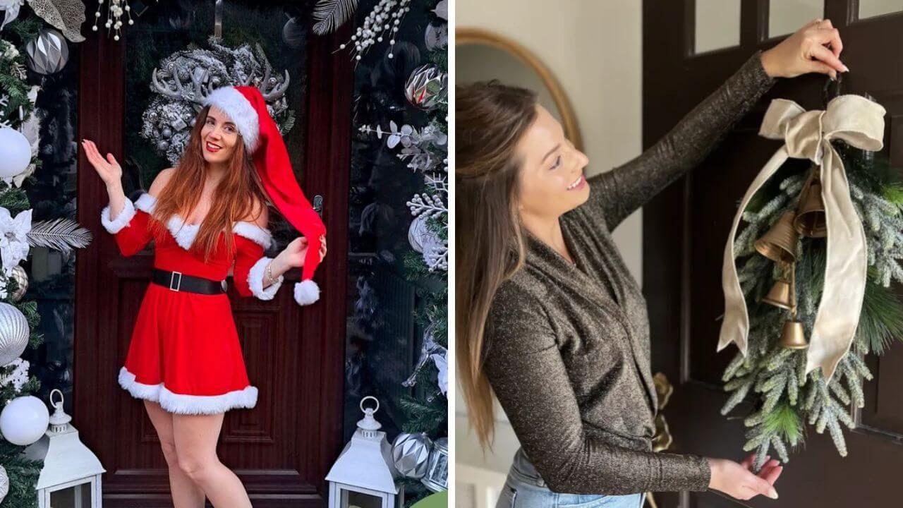 Women decorating different door with different Christmas door decoration themes