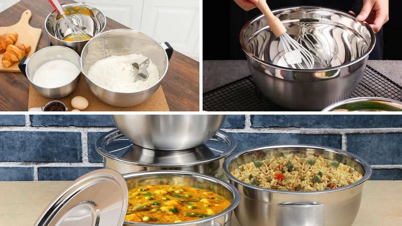 Stainless steel bowls being used in cooking