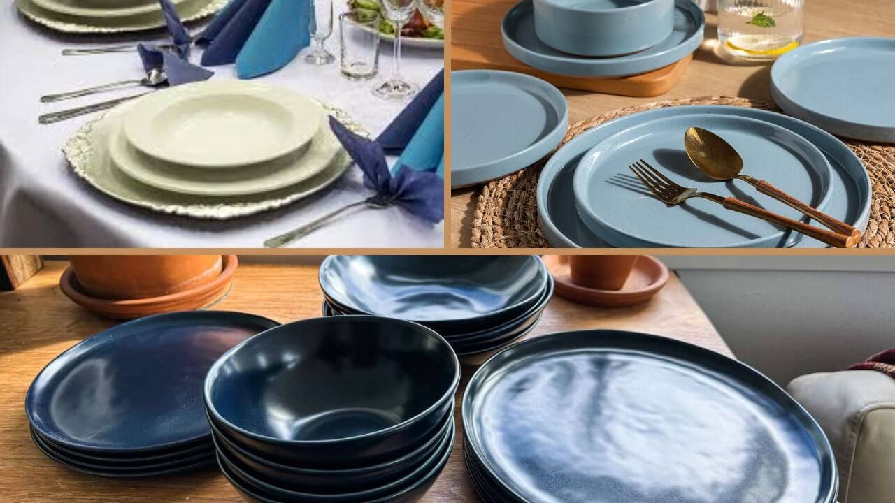 Three different ceramic dinnerware settings