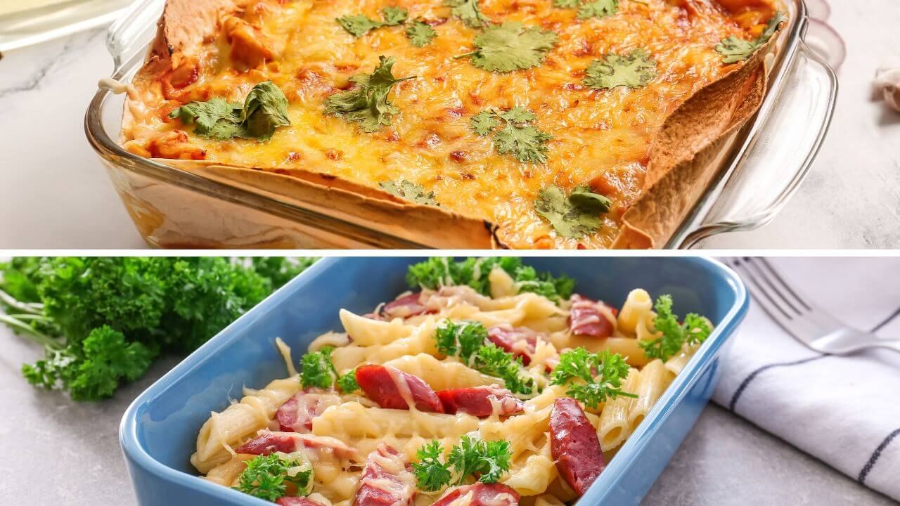 Glass baking dish and a ceramic baking dish serving delicious meals
