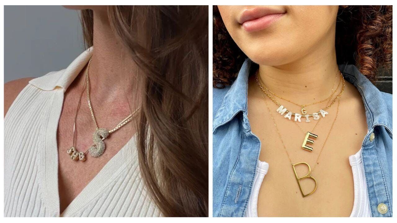 Two women showing trendy ways to style bubble letter necklaces