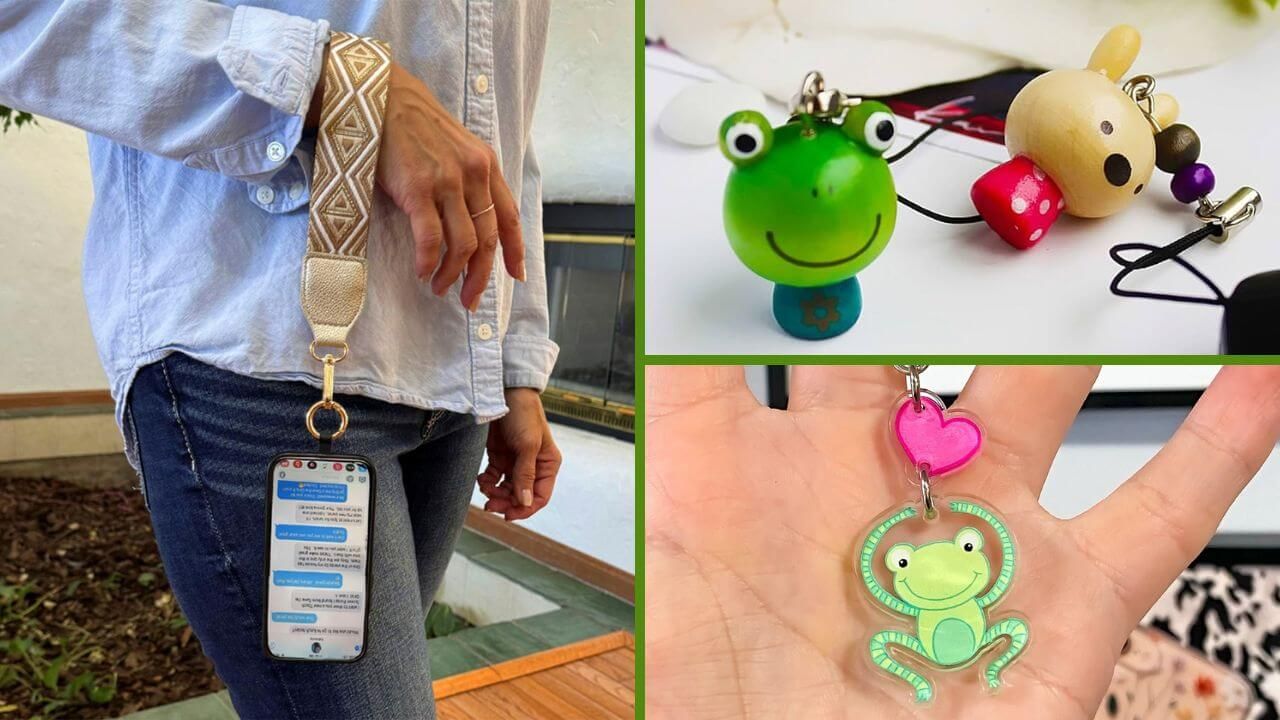 Man wearing a phone strap and two displays of different phone charms
