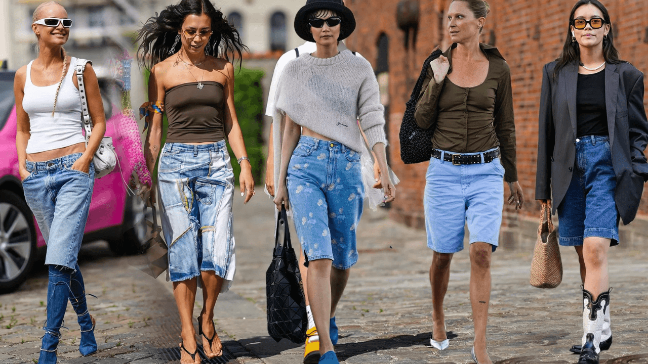Five women wearing jorts in different styles