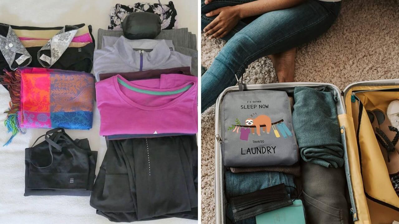Travel packing situations showing the use of laundry bags