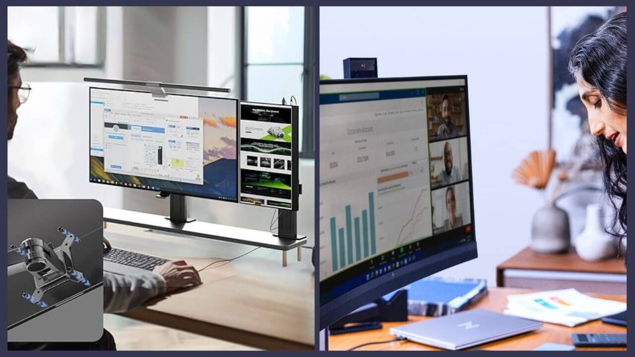 Two 4K OLED monitors being utilized in two home office settings