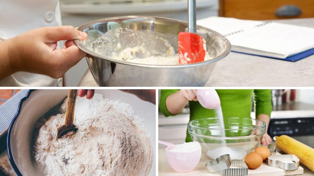 Chef using a stainless steel mixing bowl, a ceramic mixing bowl, and a glass mixing bowl