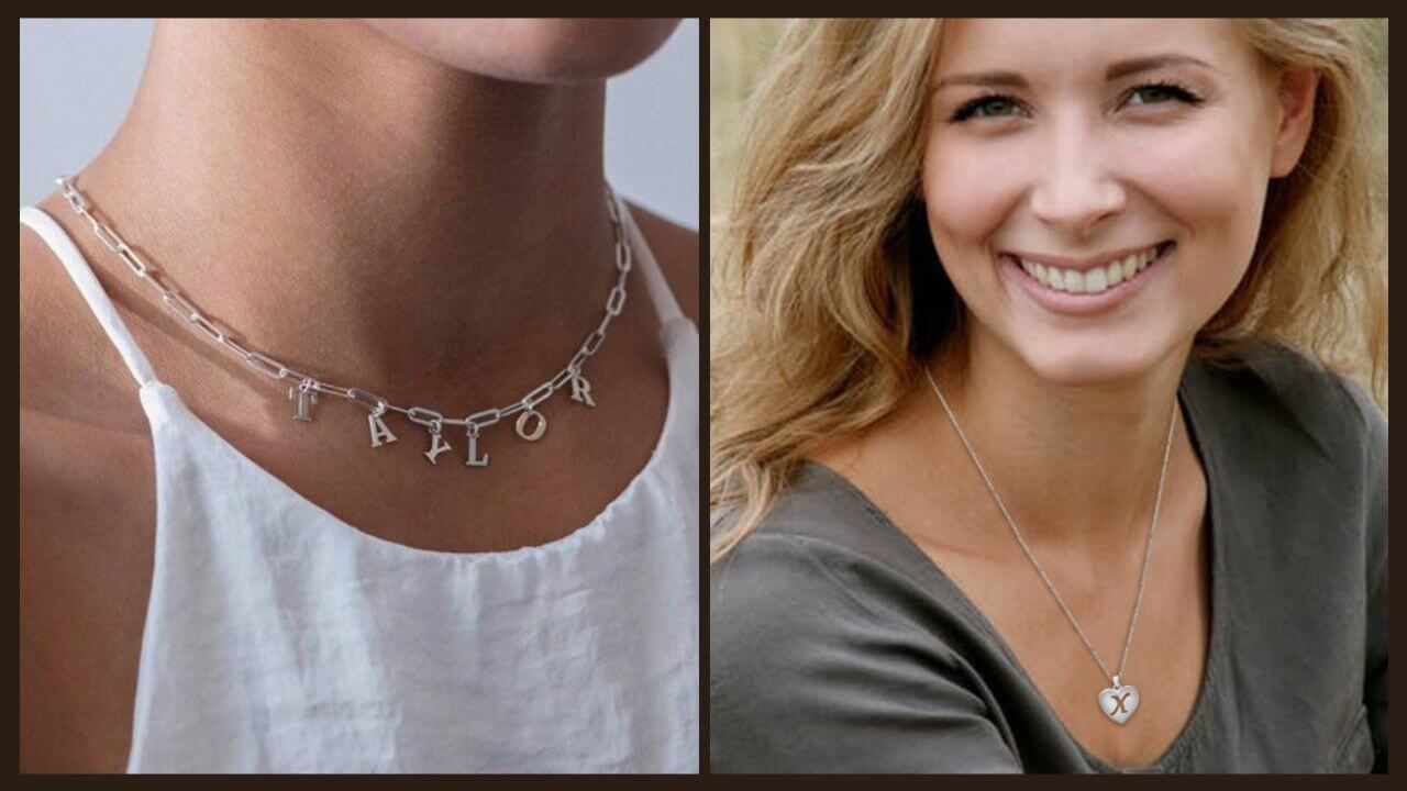A man and a woman displaying different styles of silver bubble letter necklaces
