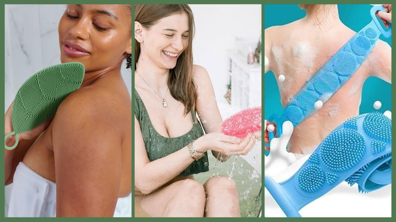 Three women using different styles of silicone body scrubbers