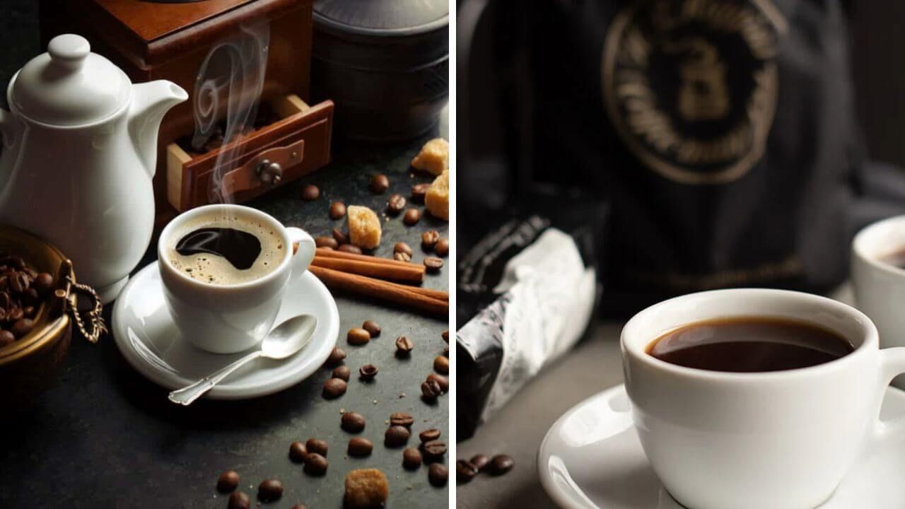Different settings showing cups of dark roast coffee