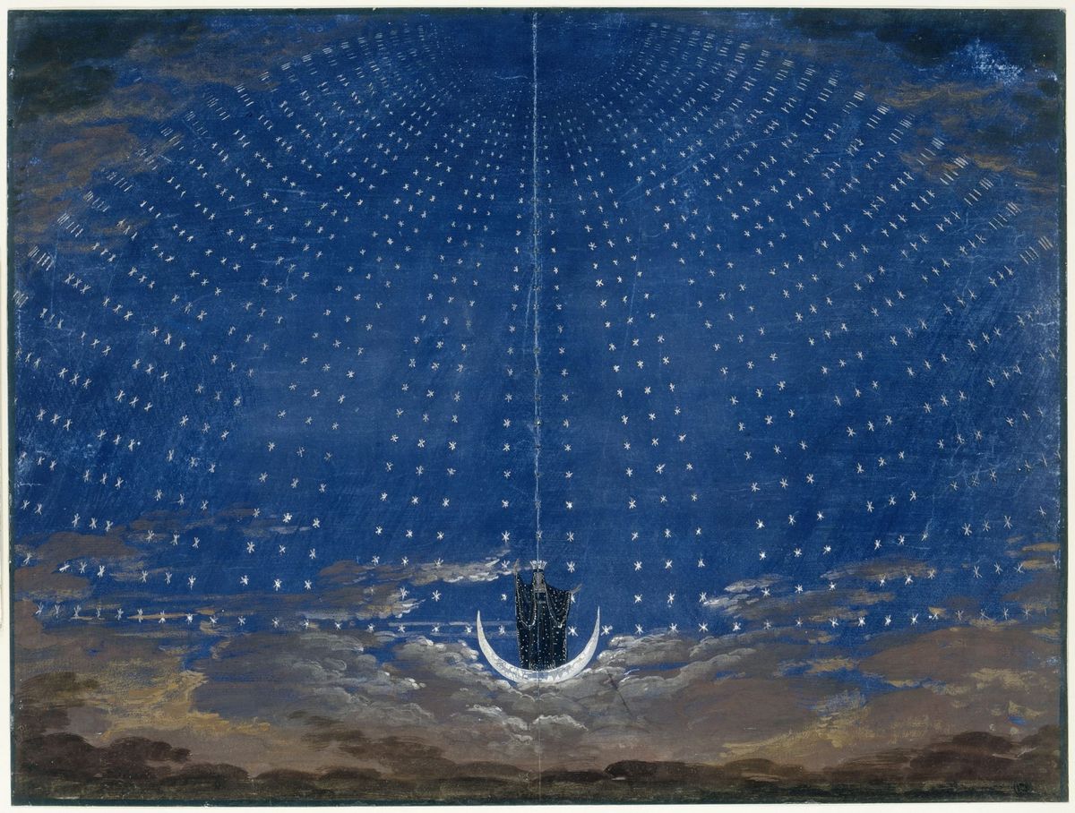 Bühnenbildentwurf von Karl Friedrich Schinkel: Die Königin der Nacht steht auf einer Mondsichel unter einer Kuppel aus Sternen