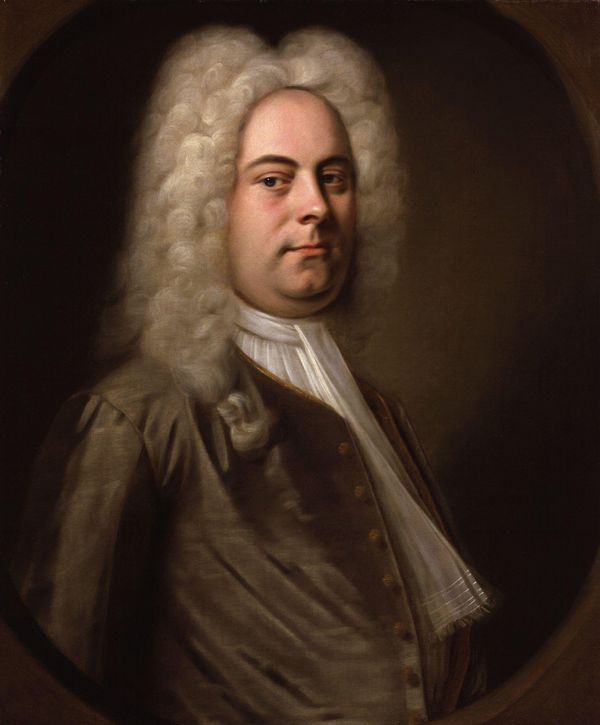 Gemaltes Brustbild des Komponisten Georg Friedrich Händel mit weißer Perücke vor dunklem Hintergrund
