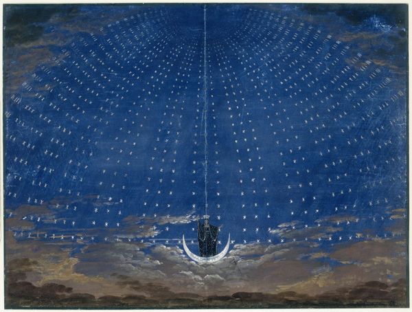 Bühnenbildentwurf von Karl Friedrich Schinkel: Die Königin der Nacht steht auf einer Mondsichel unter einer Kuppel aus Sternen