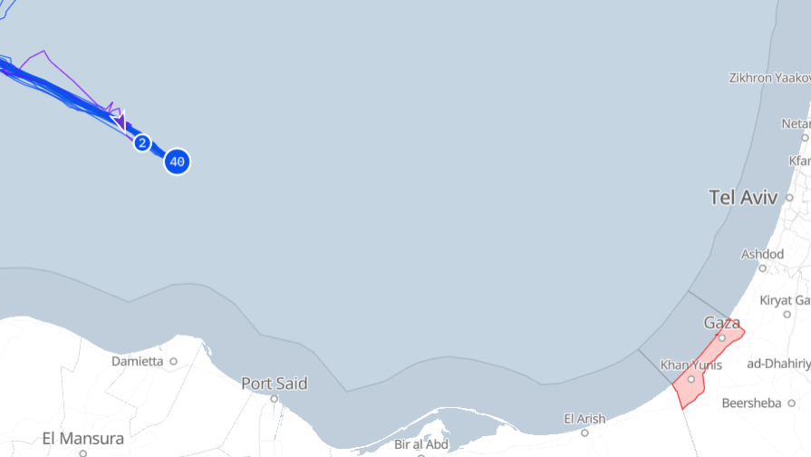 map shows boats in blue in sea near Egypt, Gaza and Israel