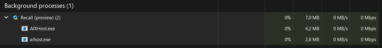 Windows Task Manager showing Recall process