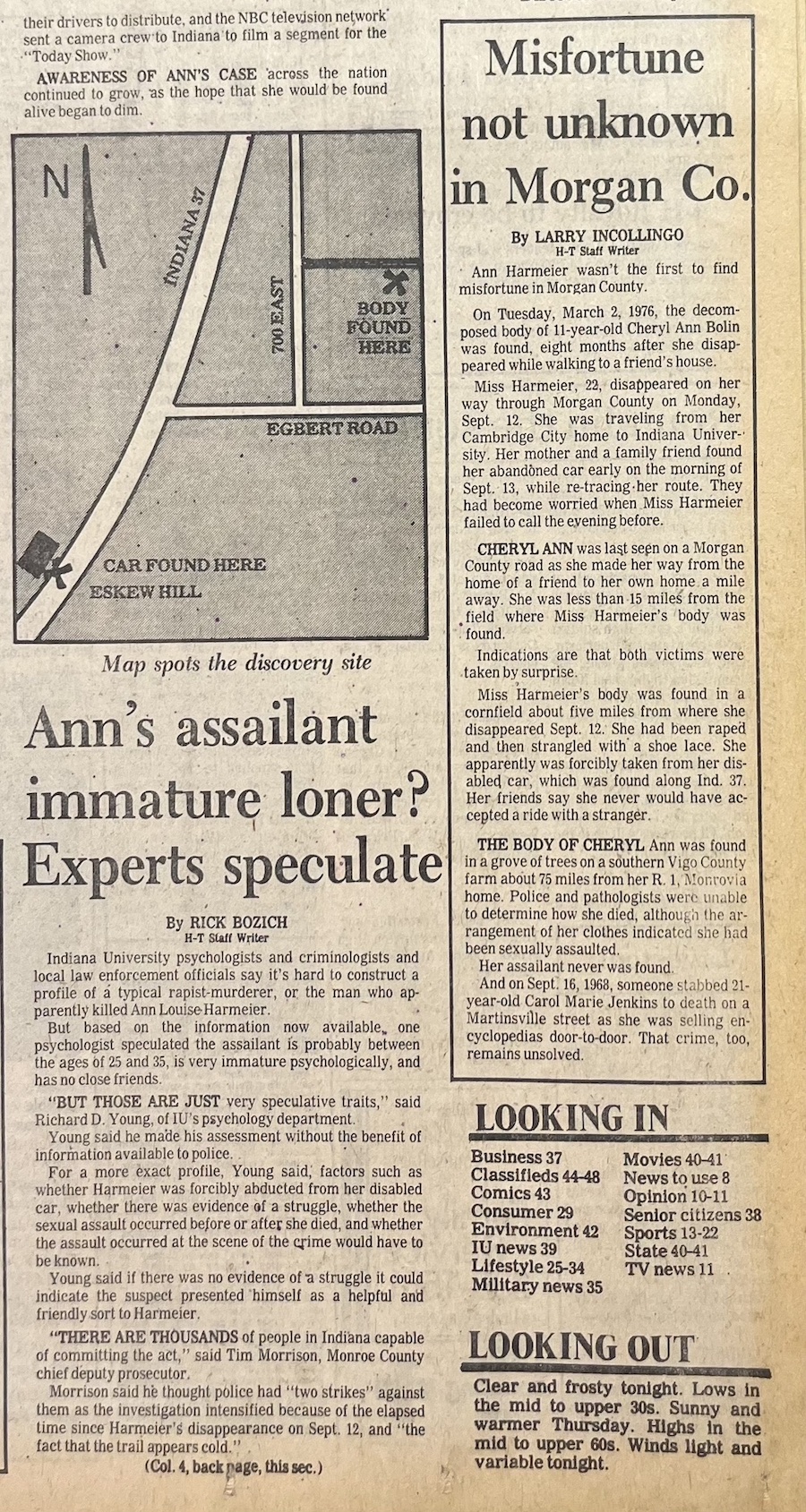 A newspaper clipping from a 1977 edition of The Herald-Telephone shows the approximate location of Ann's abandoned car and the location where her body was discovered.