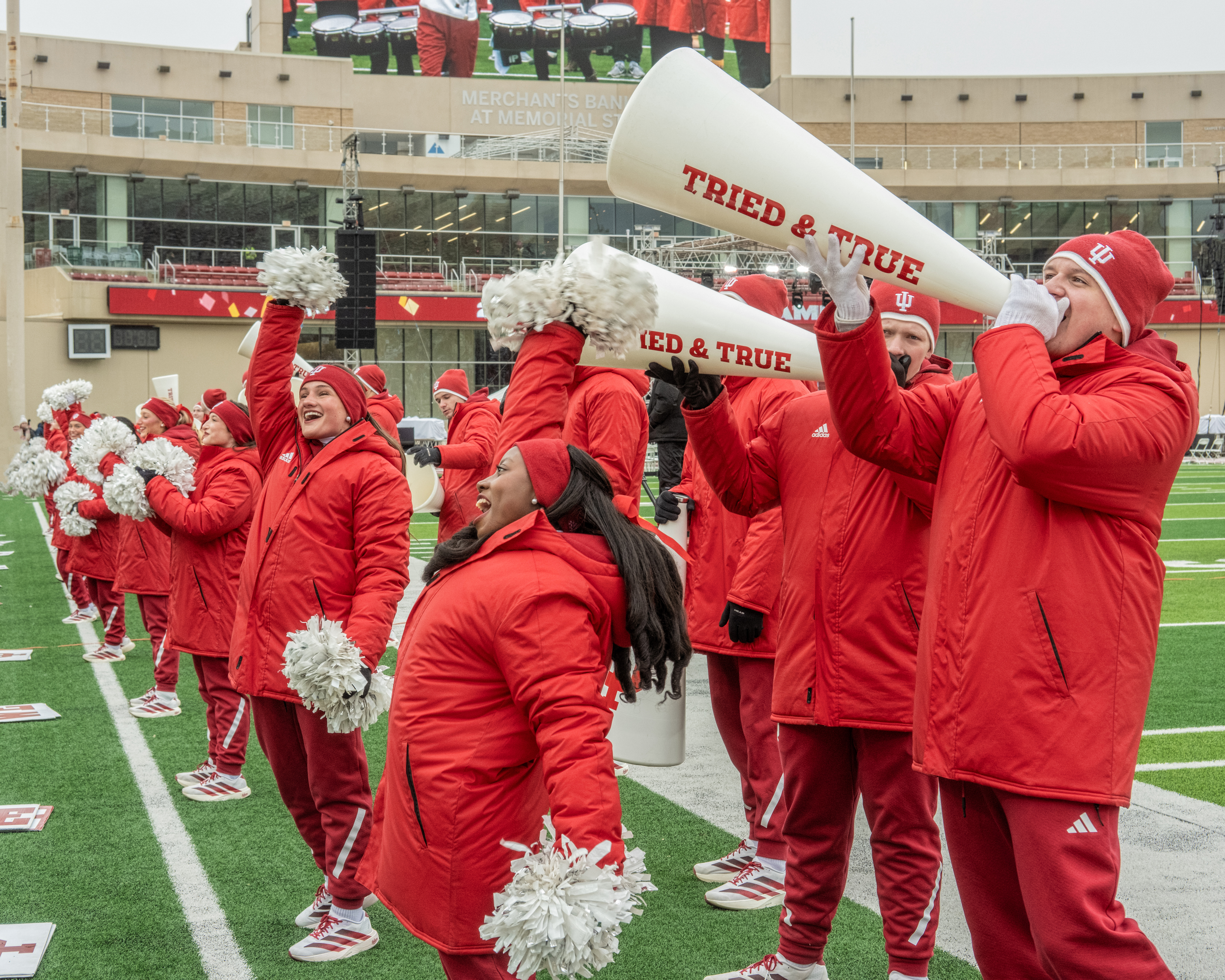 The Spirit Squad is full of enthusiasm. Even inclement weather can't dampen the school spirit after IU's College Football Playoff National Championship win over the Miami Hurricanes.