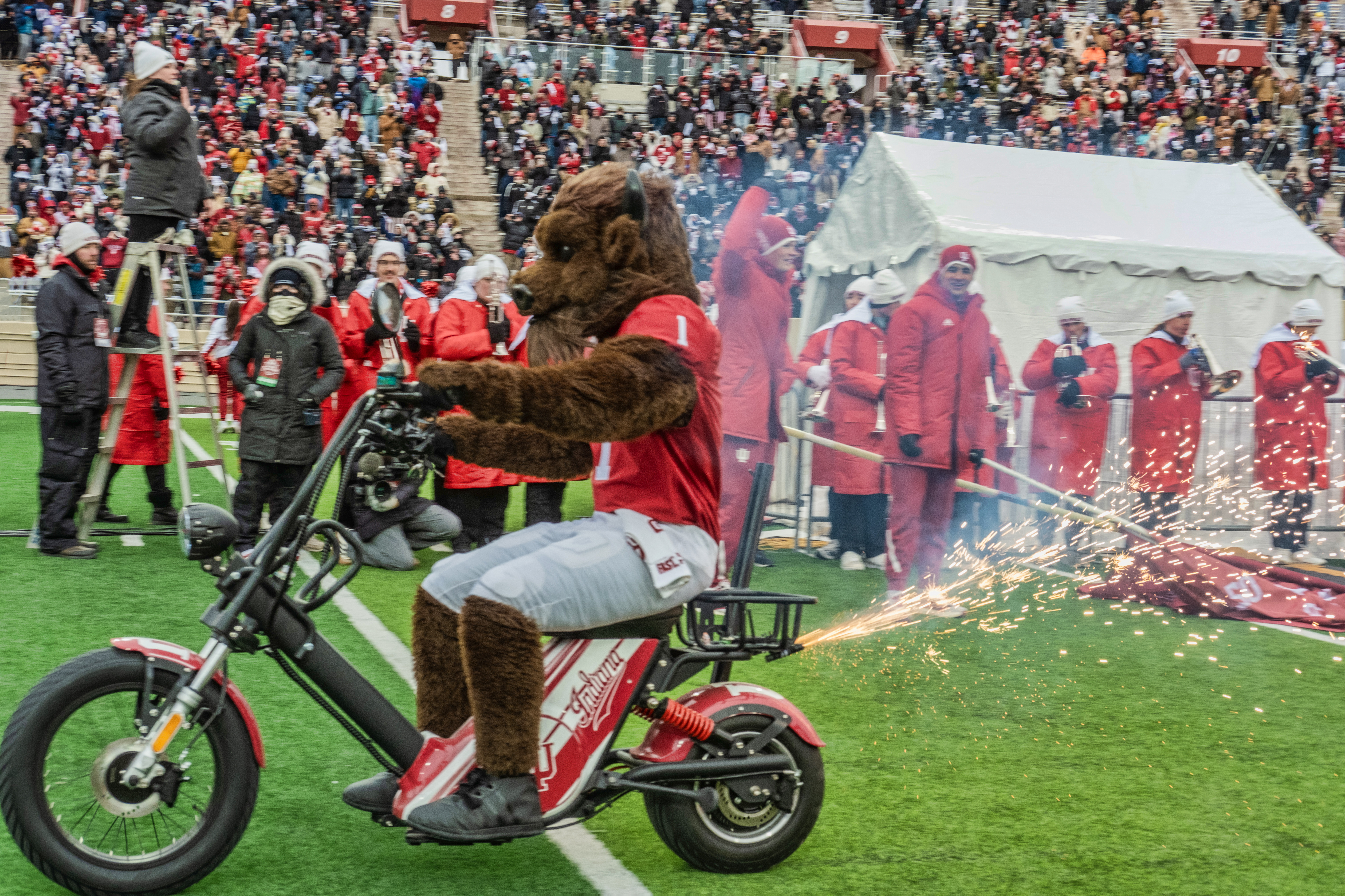 Hoosier the Bison rides in style onto the field at Memorial Stadium.