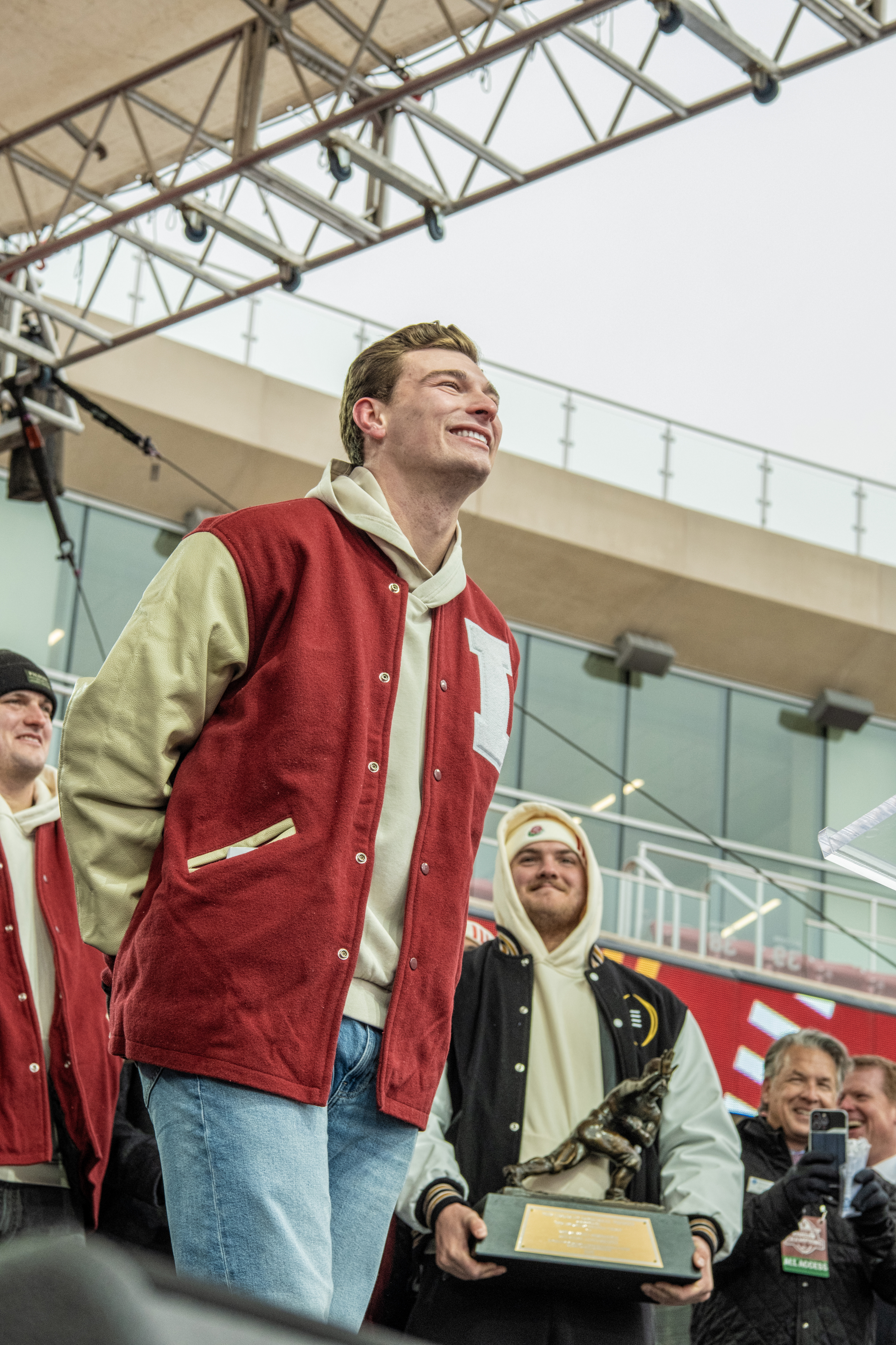Heisman Trophy winner Fernando Mendoza takes the stage at IU Football's National Championship celebration at Memorial Stadium on January 24, 2026.