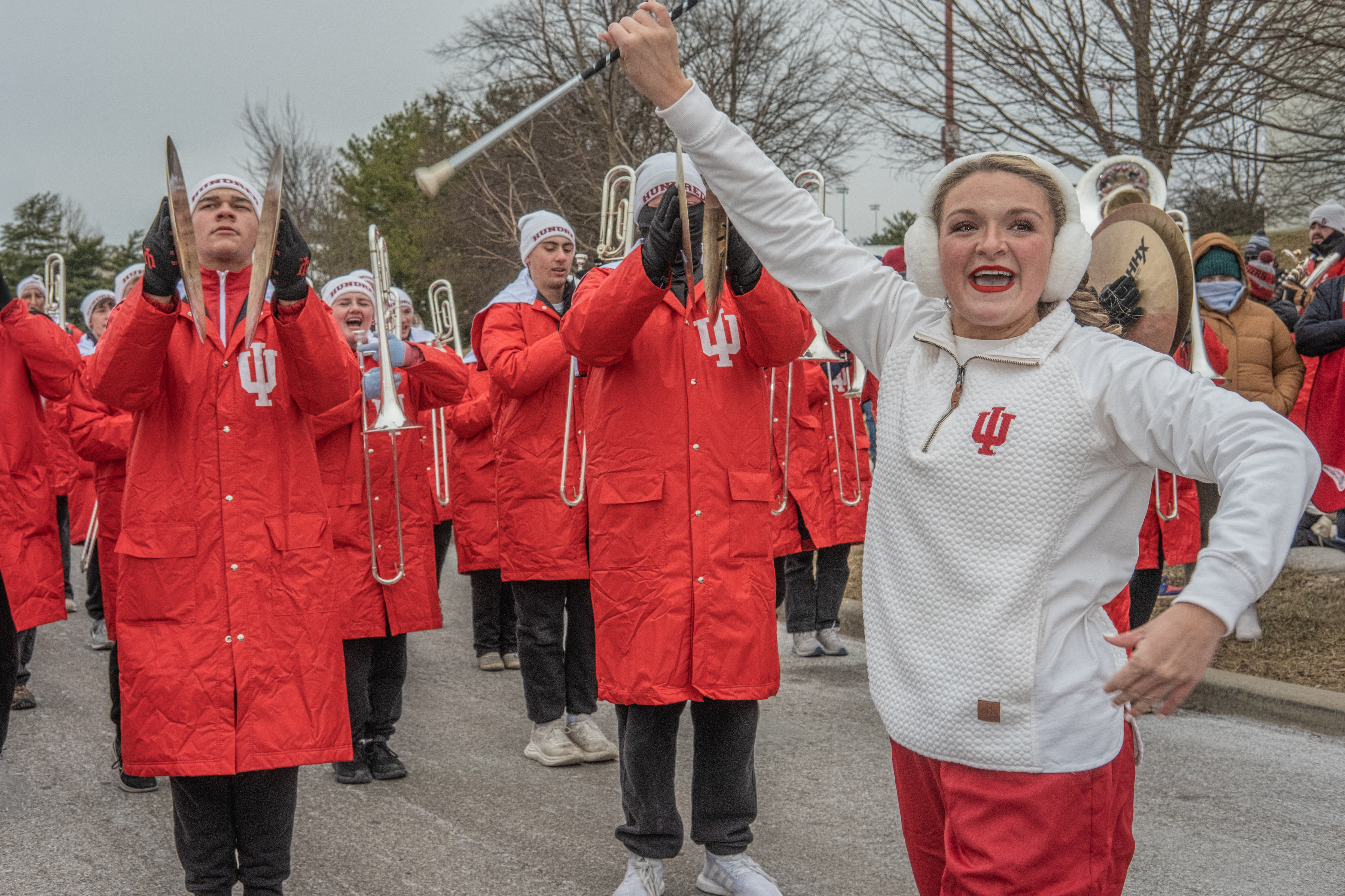 Indiana University Feature Twirler Sydney Butz leads the Marching Hundred procession during their Saturday performance. | Photo by Kathryn Coers Rossman