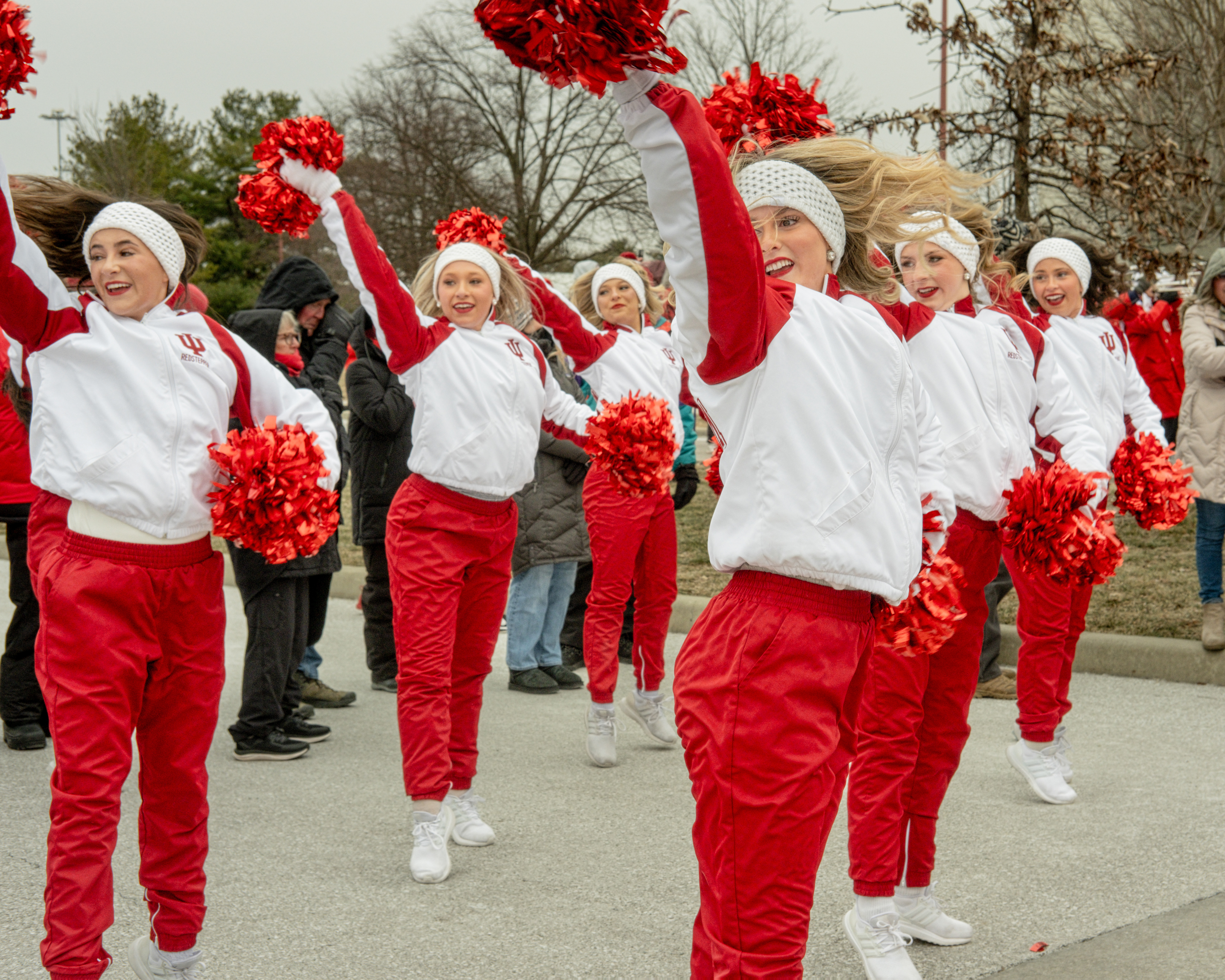 Indiana University's Spirit Squad peps up the crowd despite freezing temperatures.