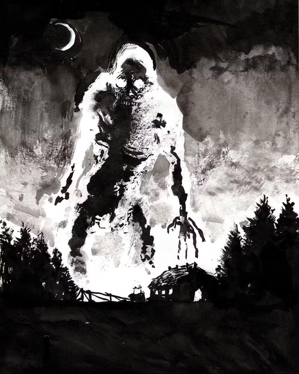 A towering, shadowy figure looms over a cabin amongst the trees.