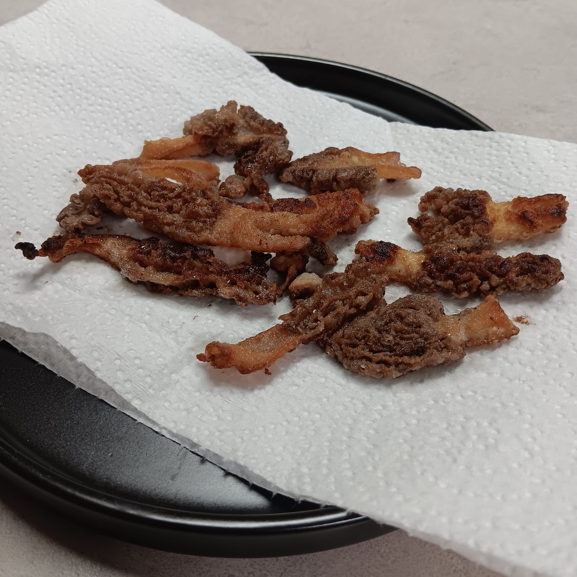 golden-fried morel mushrooms cool down on a paper towel