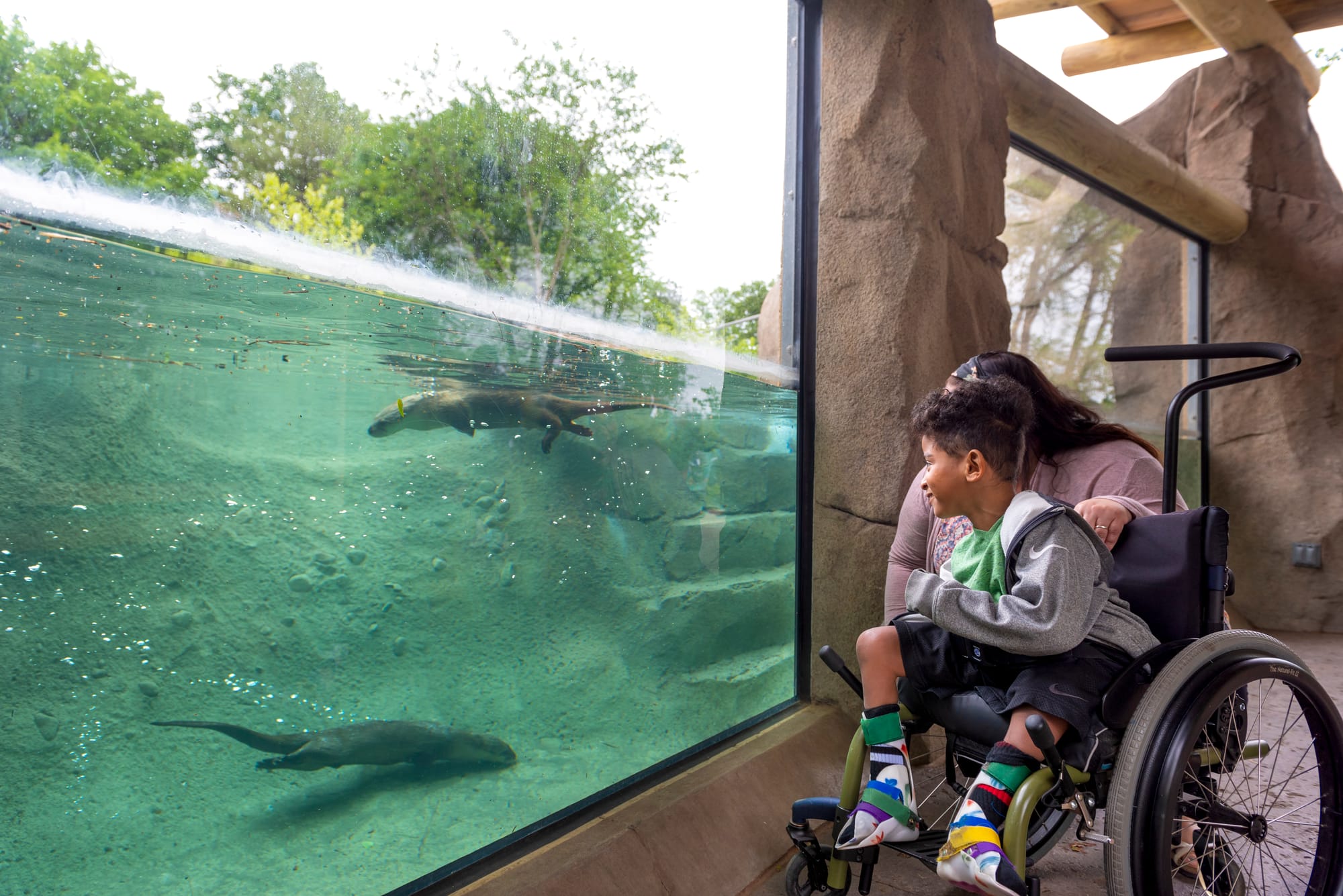 A boy and his mom look at the North American River Otters at the Fort Wayne Children’s Zoo.