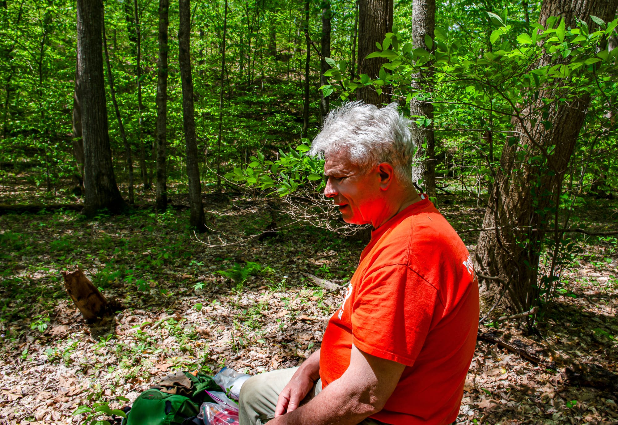 a grey-haired man in an orange shirt sits on a long in the forest. He is in profile, looking down