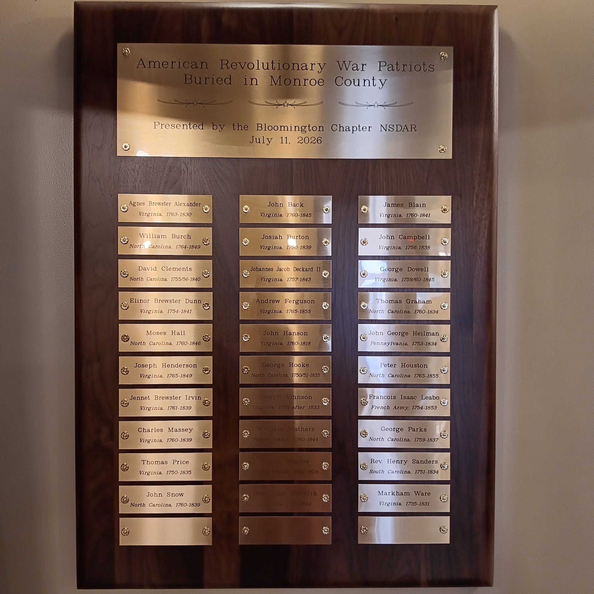 a wooden plaque with gold-colored markers showing names of war veterans