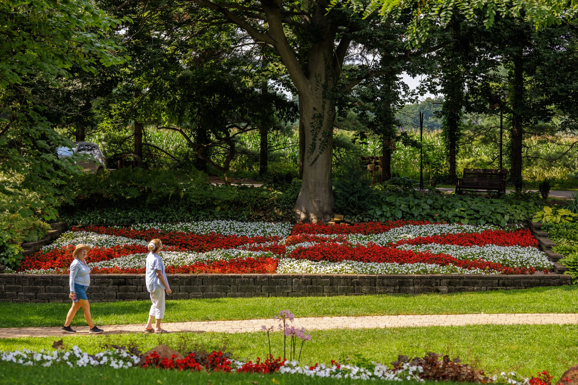 a red and white flower garden planted in a quilt design nestles into a shallow hillside between a walking path and a shady treeline
