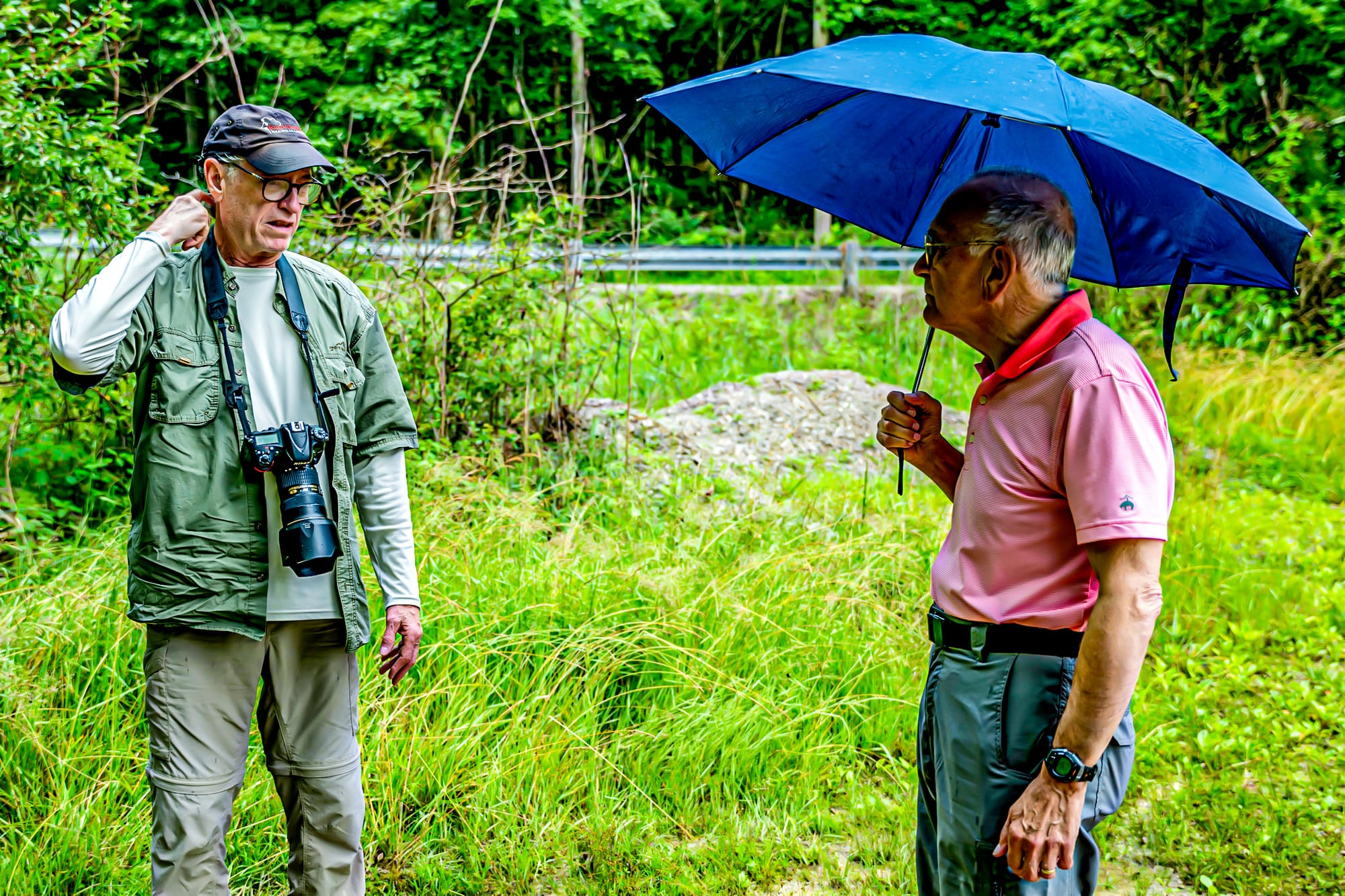 two men, one holding a blue umbrella, chat in the tall grass beside a road