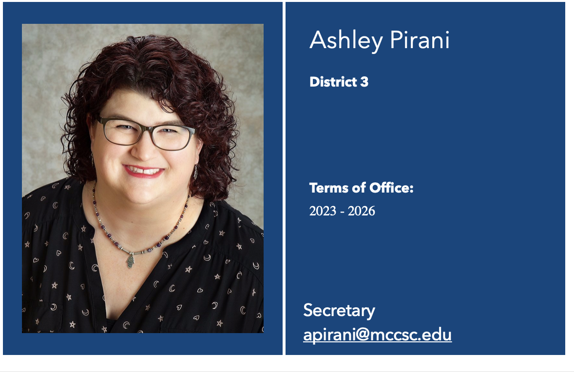 ballot card showing a smiling white woman with curly, dark brown hair and glasses, wearing a black shirt. Ashley Pirani, District 3, Terms of Office: 2023 - 2026, Secretary, apirani@mccsc.edu