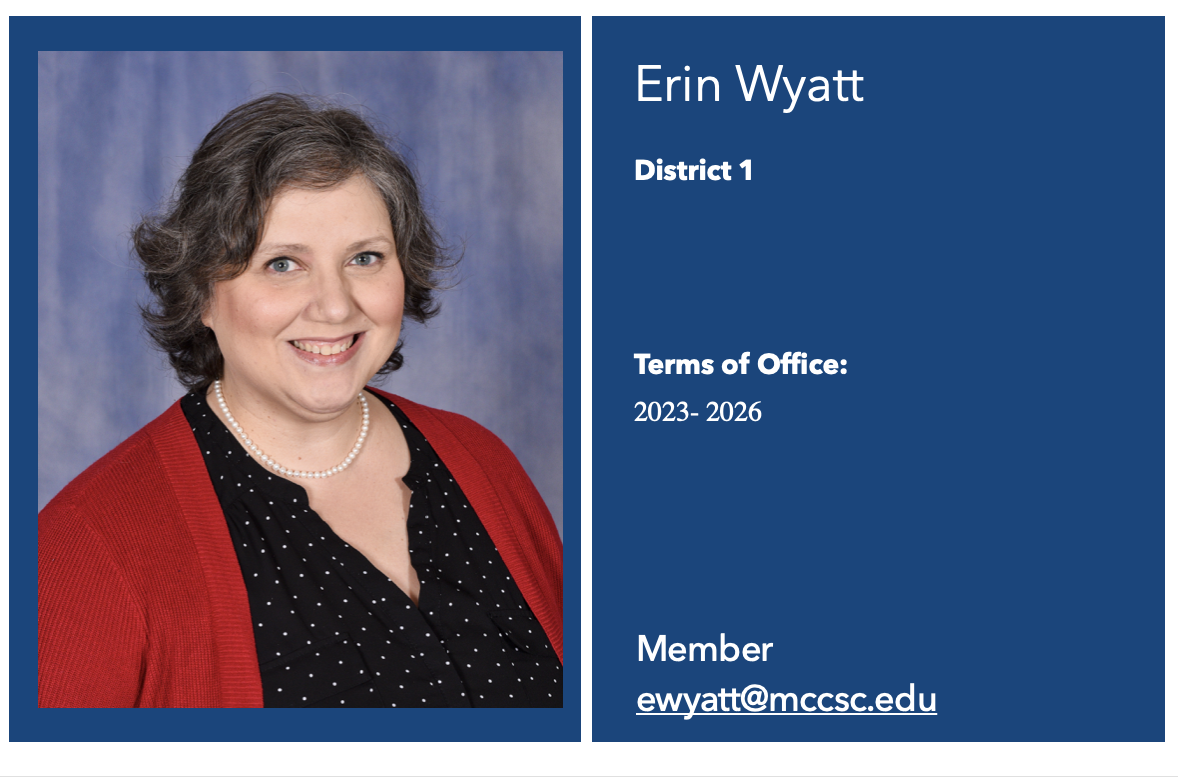 ballot card for a smiling white woman wearing a pearl necklace, black shirt with small white dots, and a red cardigan. Erin Wyatt, District 1, Terms of Office: 2023-2026, Member, ewyatt@mccsc.edu