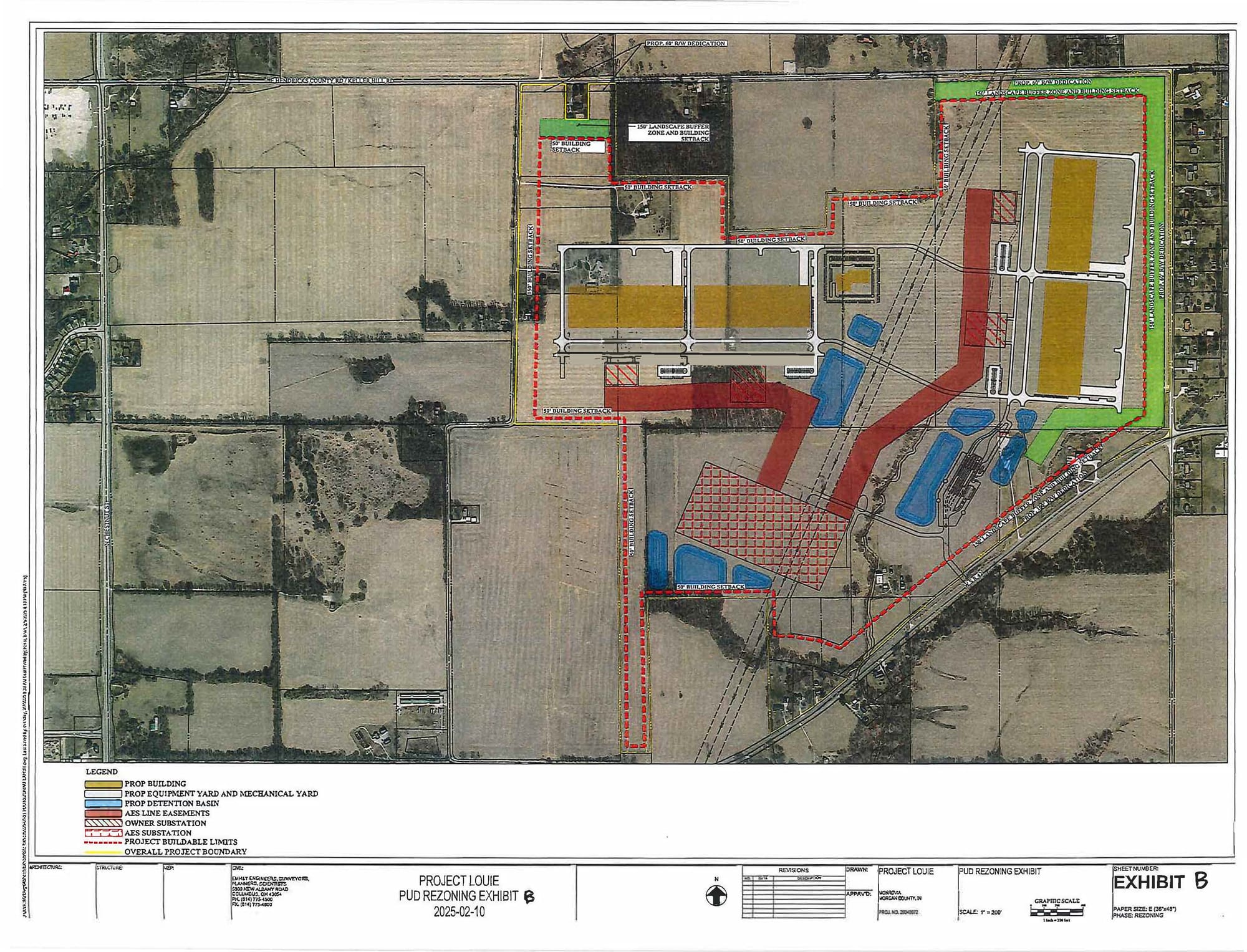 top-down aerial map of proposed data center site, showing proposed building structures highlighted in different colors