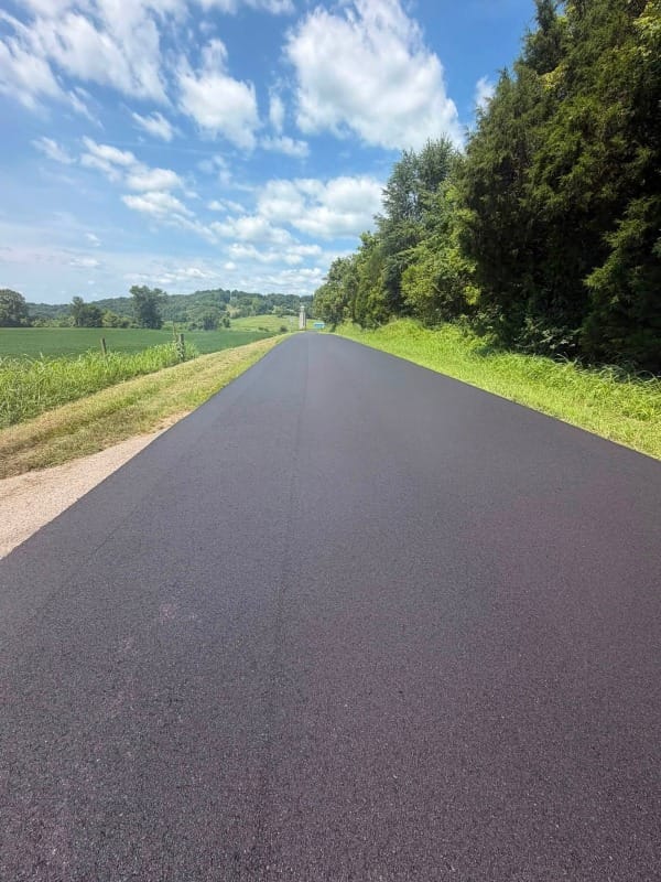 a long stretch of freshly repaved rural road. A dense tree line runs along the right side of the road; a soybean field sprawls to the left